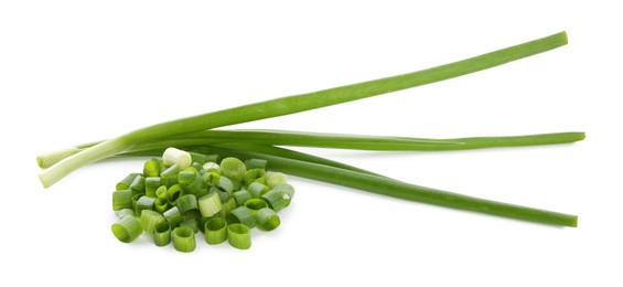 Photo of Cut fresh green onions isolated on white