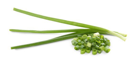 Photo of Cut fresh green onions isolated on white