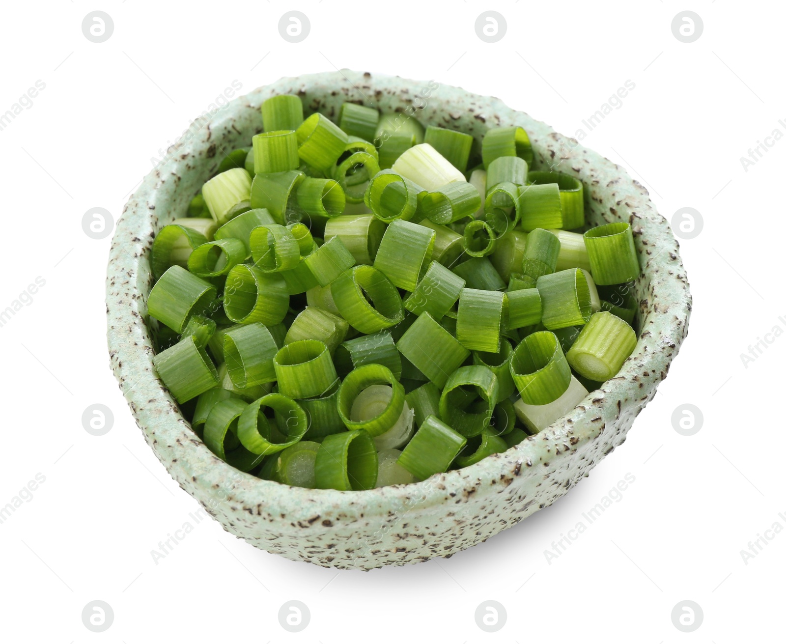 Photo of Chopped fresh green onion in bowl isolated on white