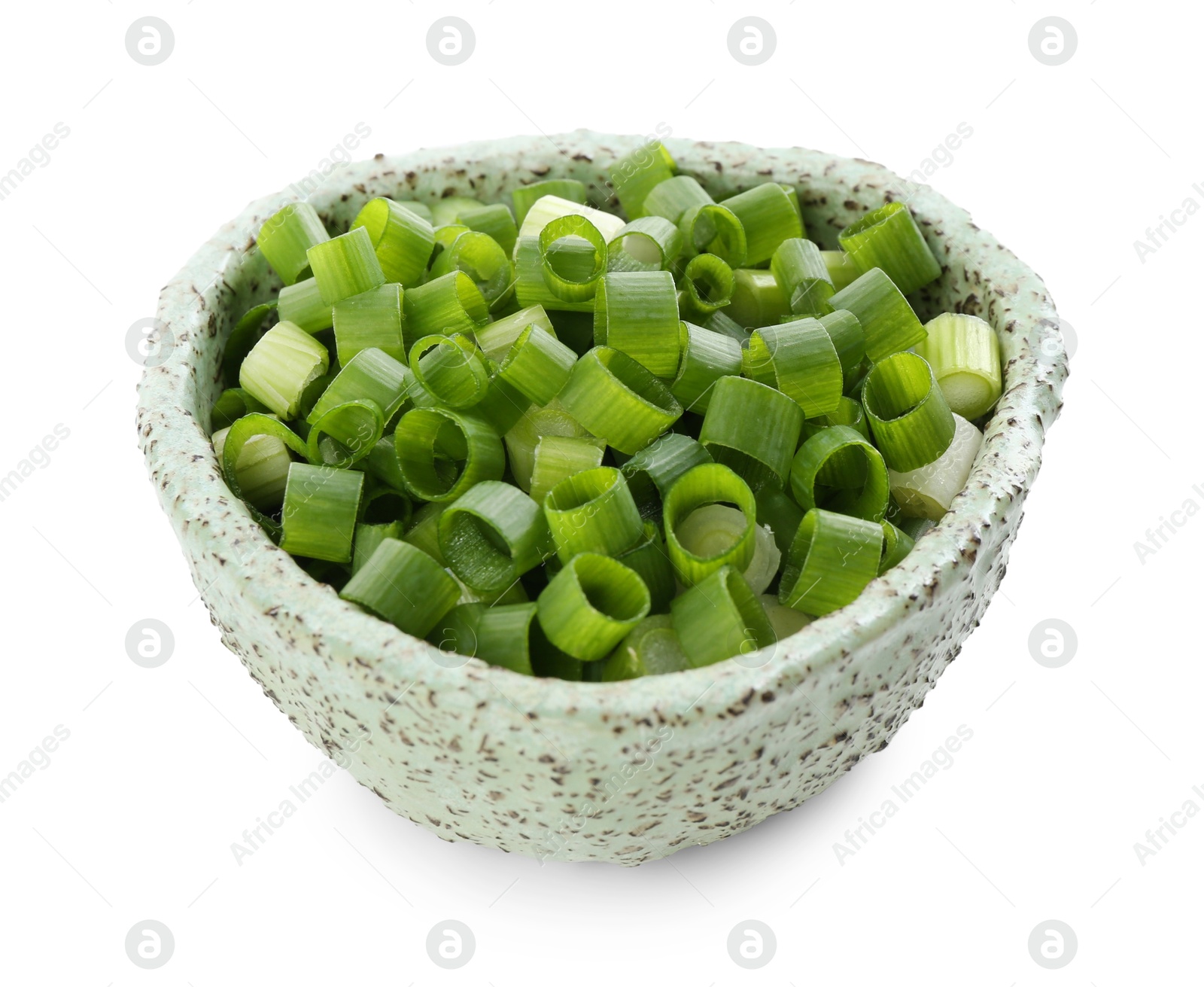 Photo of Chopped fresh green onion in bowl isolated on white