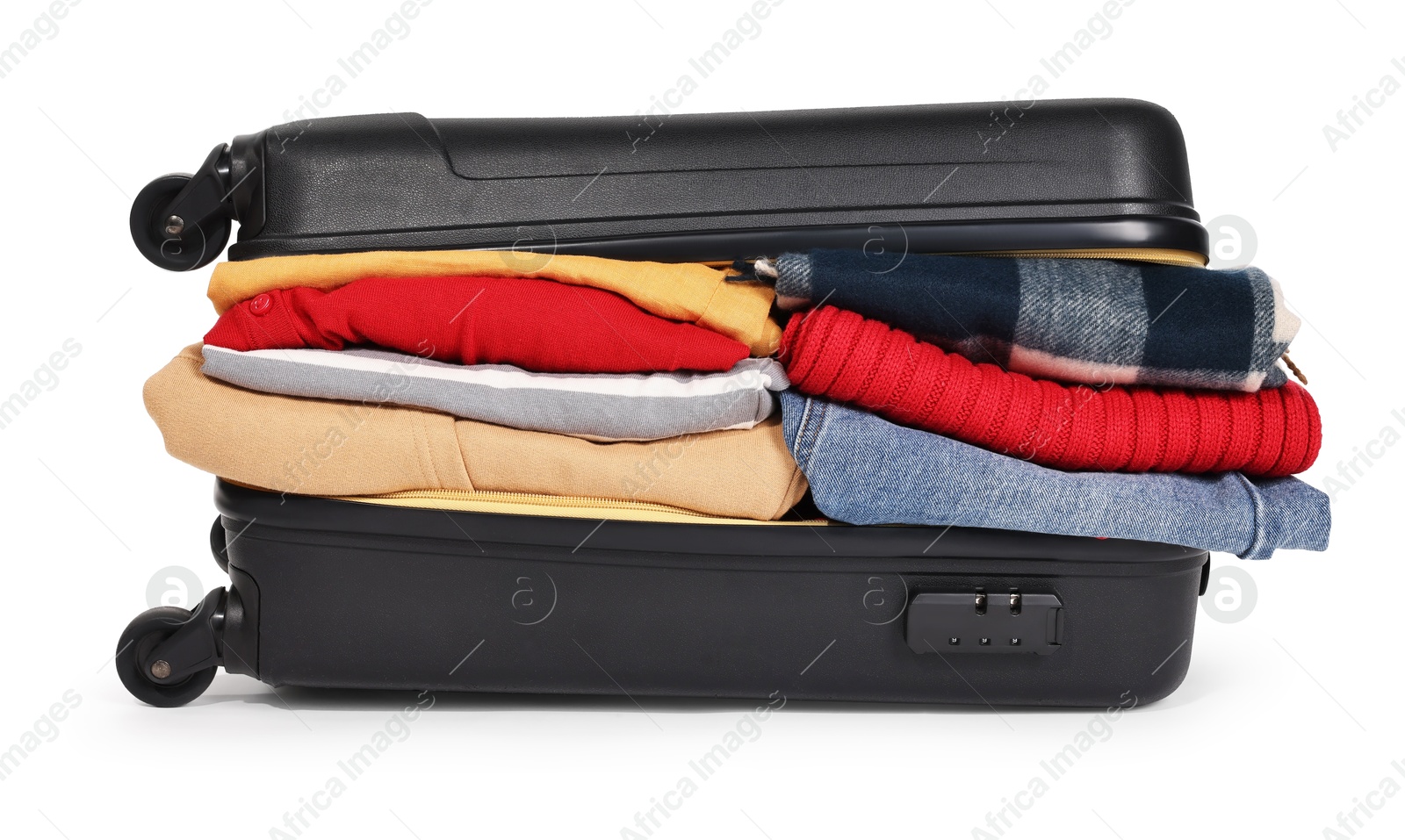 Photo of Packed suitcase full of clothes isolated on white