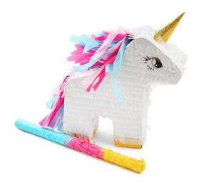 Photo of Colorful unicorn shaped pinata and stick isolated on white