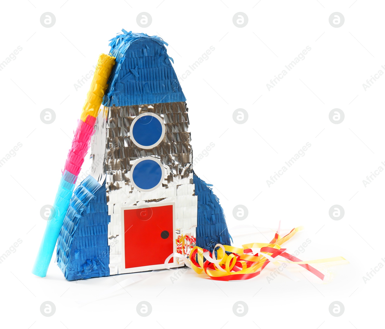 Photo of Rocket shaped pinata and stick isolated on white