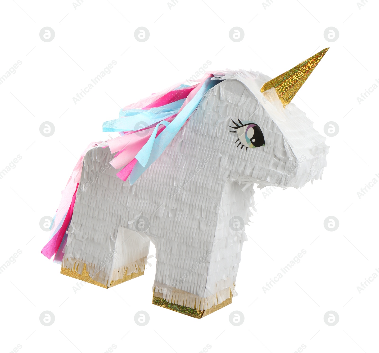 Photo of Colorful unicorn shaped pinata isolated on white