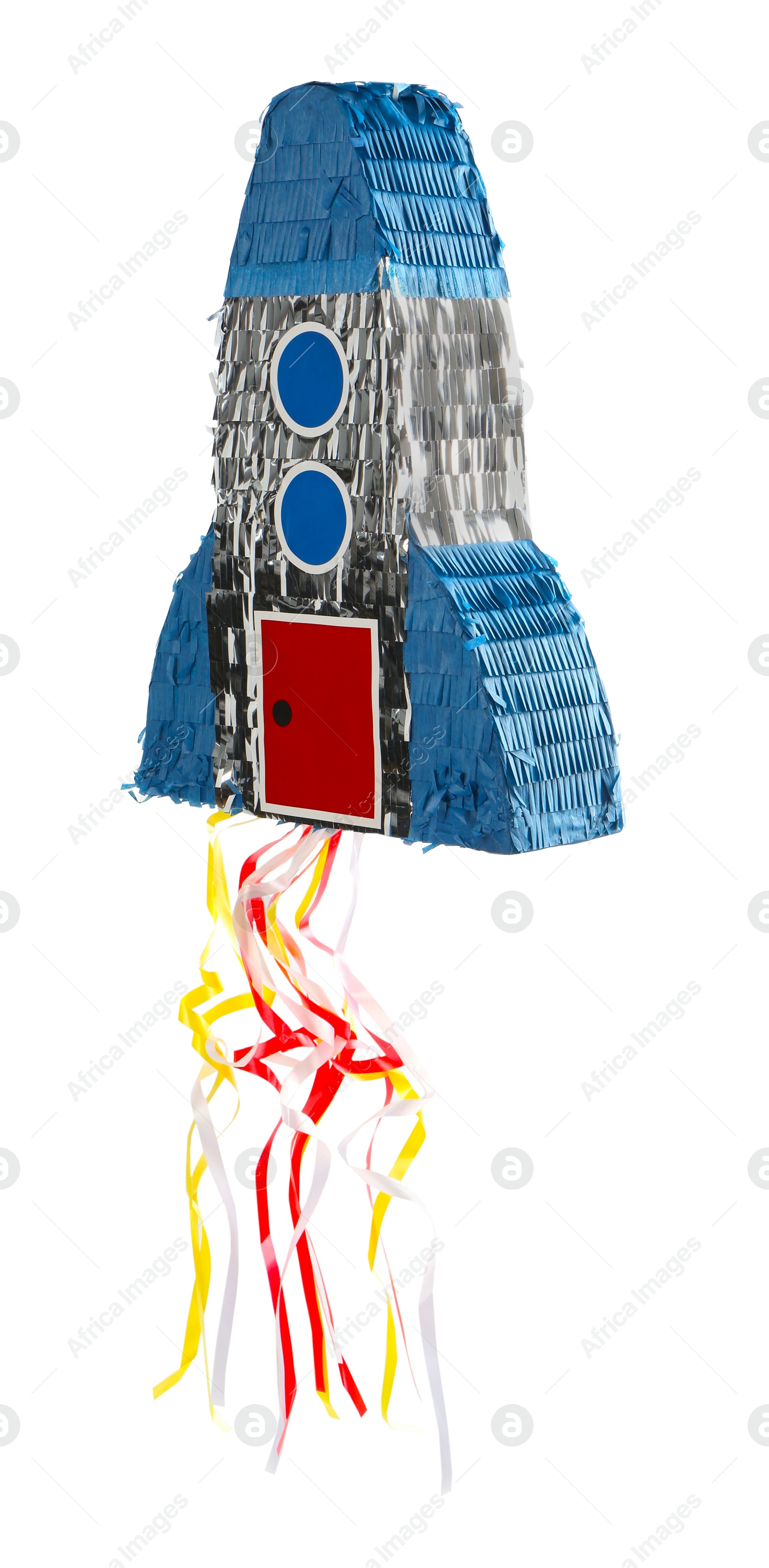 Photo of Colorful rocket shaped pinata isolated on white