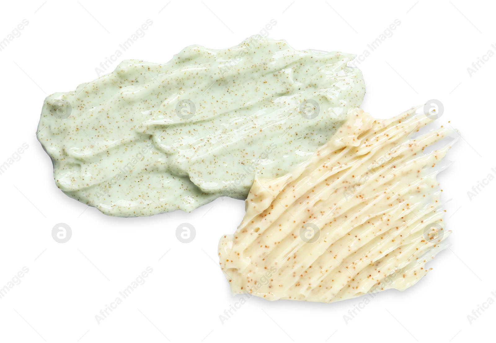 Photo of Samples of body scrubs isolated on white, top view