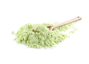 Photo of Spoon and dry wasabi powder isolated on white