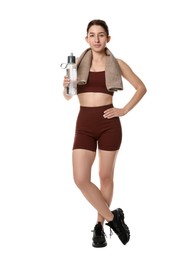 Photo of Woman in sportswear with bottle of water on white background