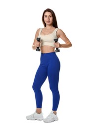 Photo of Woman in sportswear exercising with dumbbells on white background