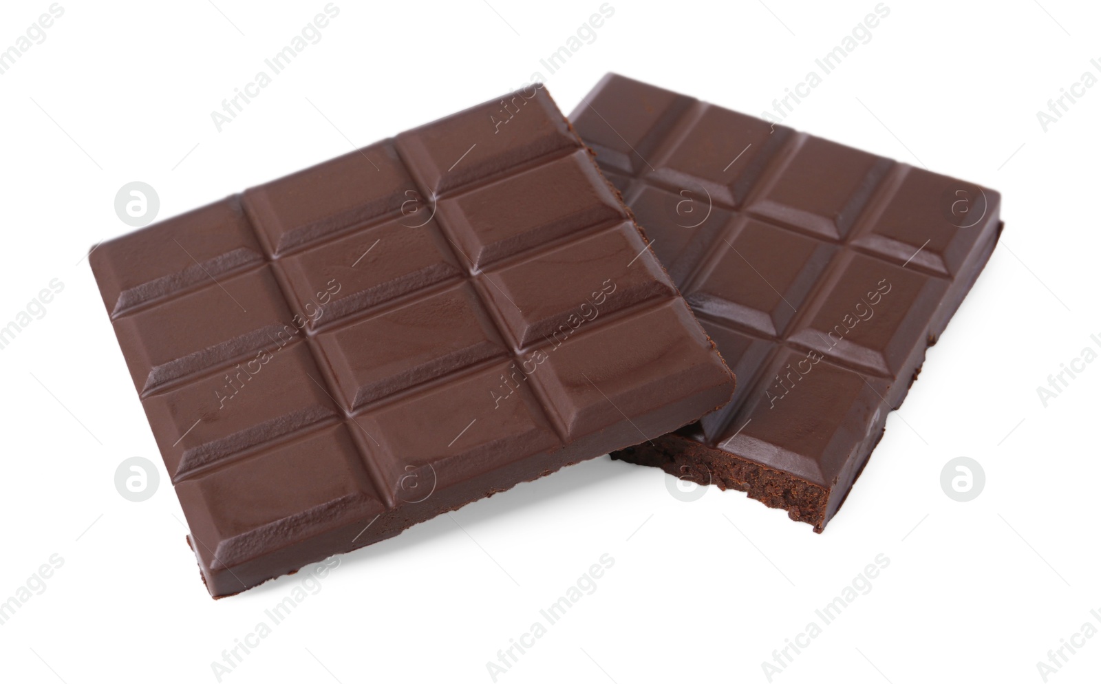 Photo of Pieces of delicious dark chocolate bar isolated on white