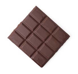 Photo of Piece of delicious dark chocolate bar isolated on white, top view