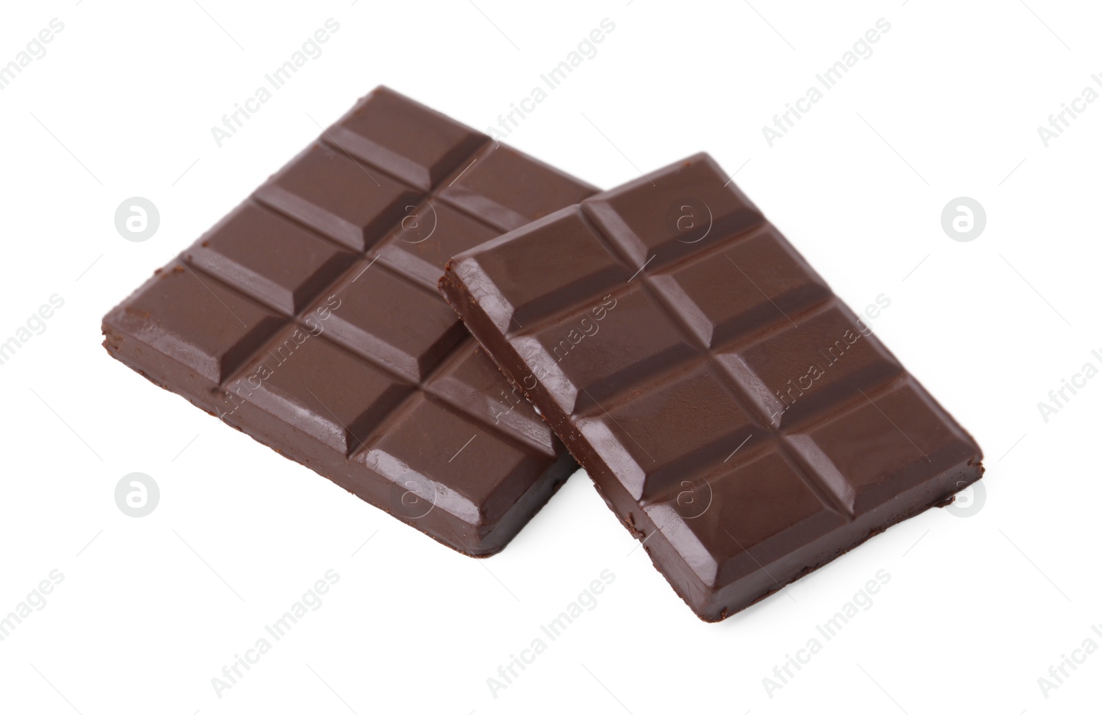 Photo of Pieces of delicious dark chocolate bar isolated on white