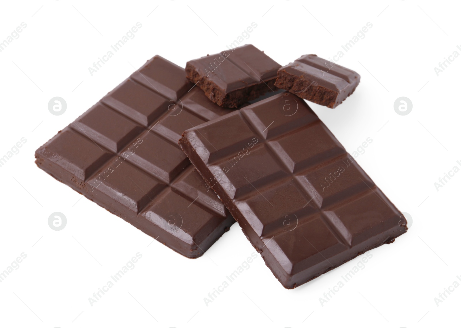 Photo of Pieces of delicious dark chocolate bar isolated on white