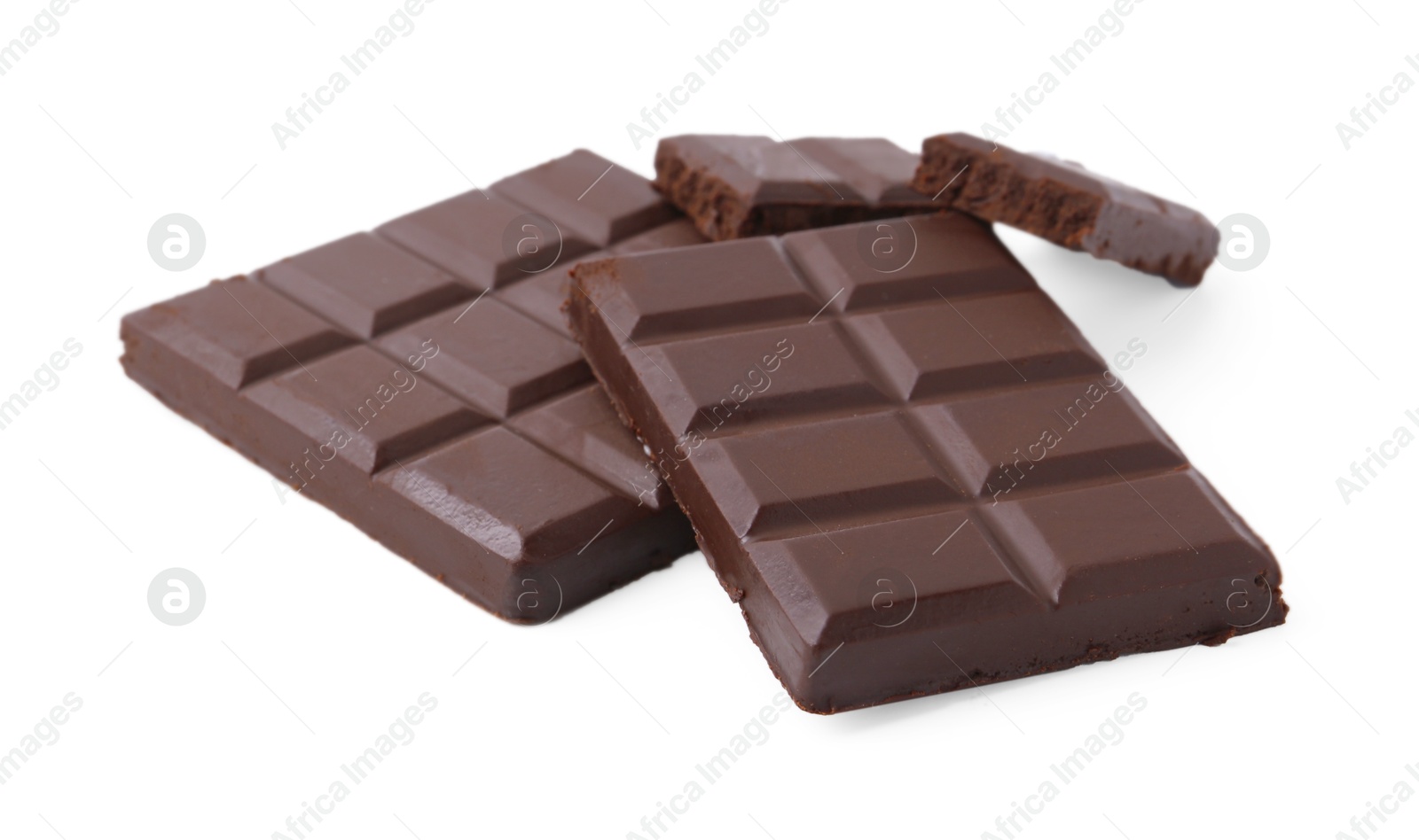 Photo of Pieces of delicious dark chocolate bar isolated on white