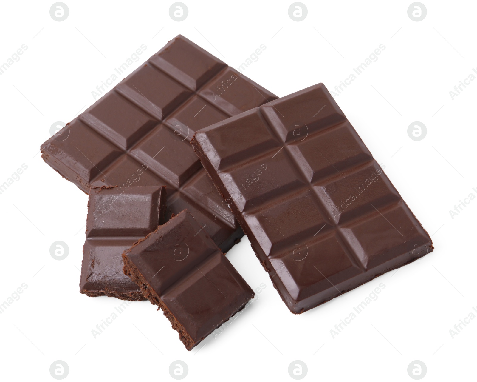 Photo of Pieces of delicious dark chocolate bar isolated on white