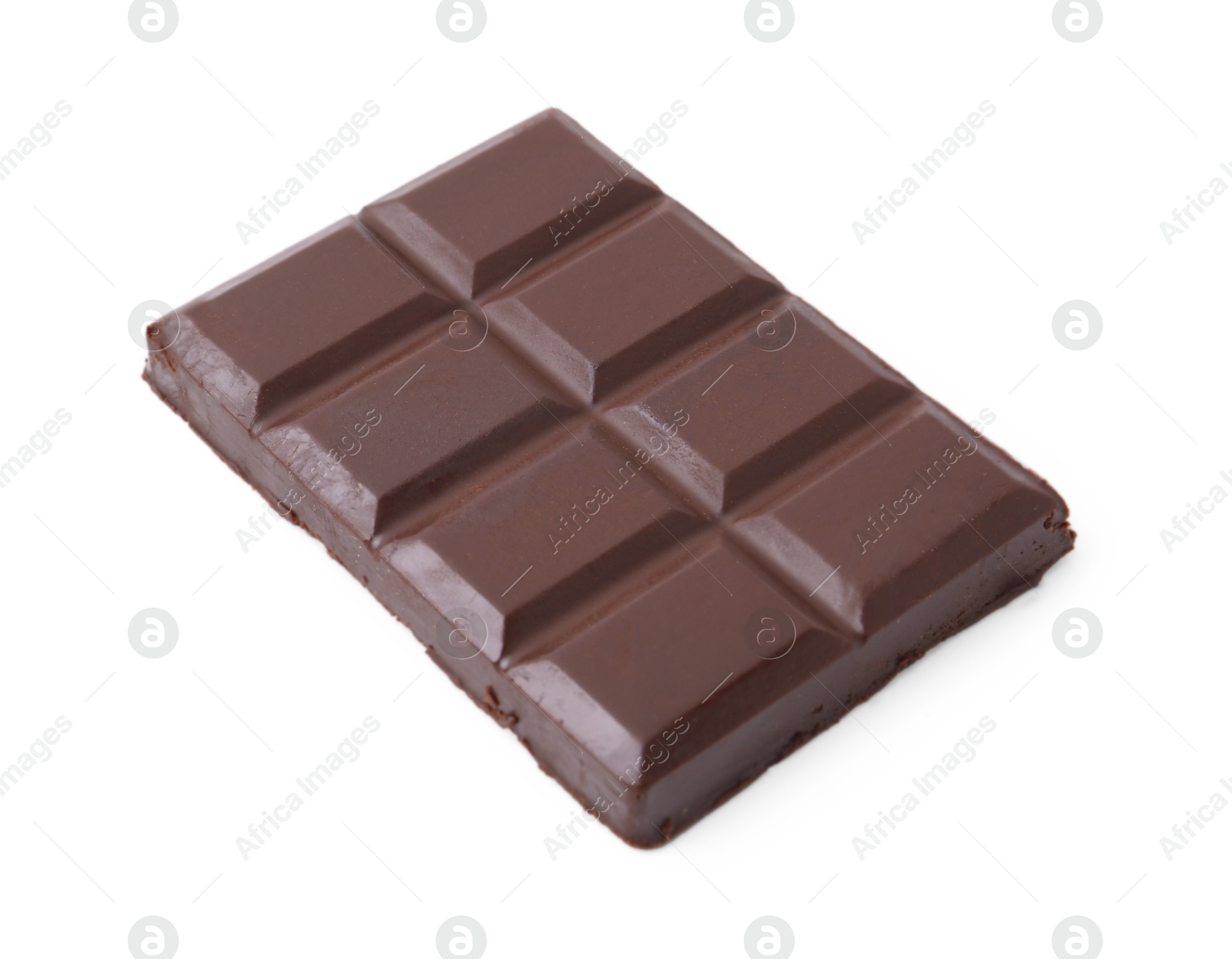 Photo of Piece of delicious dark chocolate bar isolated on white