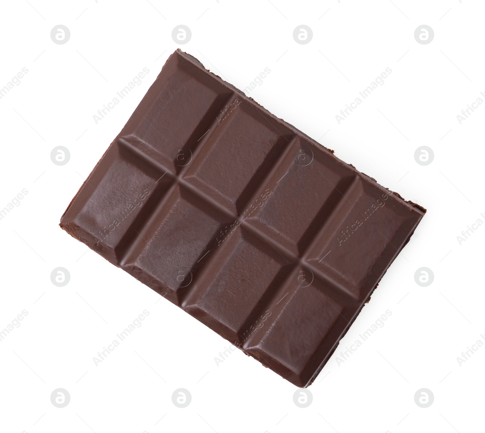 Photo of Piece of delicious dark chocolate bar isolated on white, top view