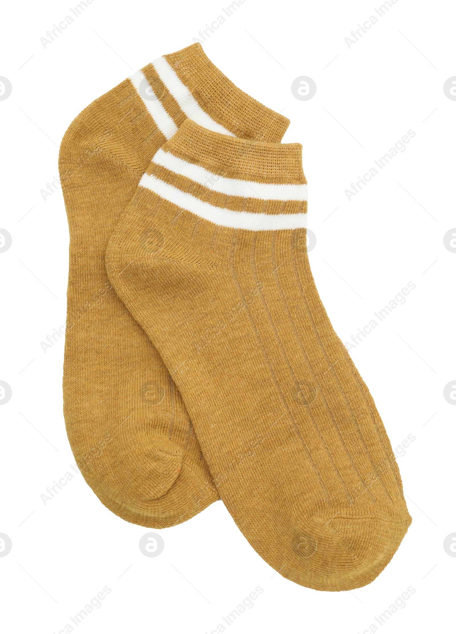 Photo of Pair of soft socks isolated on white, top view