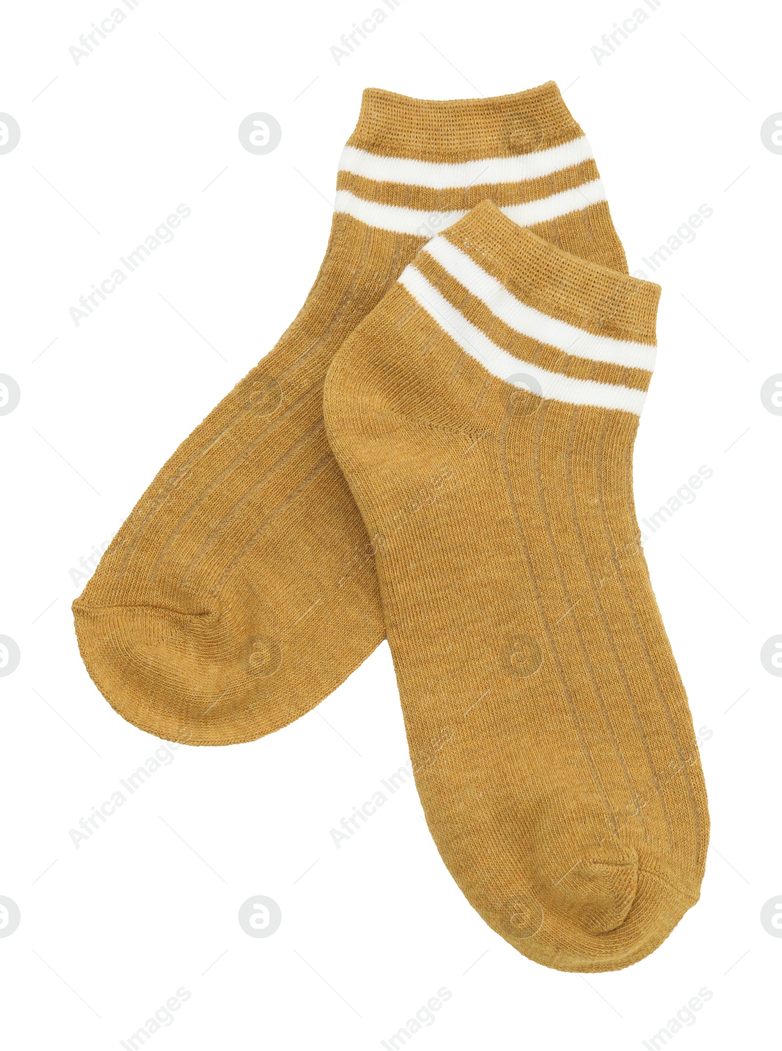 Photo of Pair of soft socks isolated on white, top view