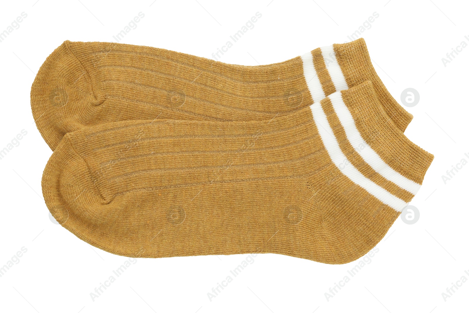 Photo of Pair of soft socks isolated on white, top view