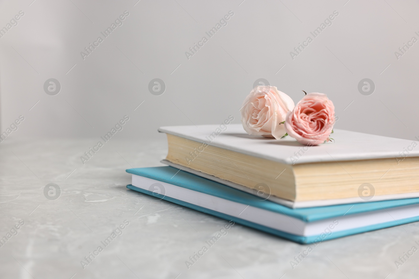 Photo of Books and beautiful rose flowers on gray marble table, closeup. Space for text