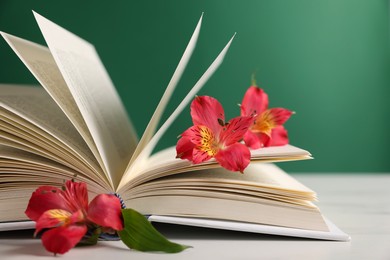 Photo of Book and beautiful alstroemeria flowers on light table against green background, closeup