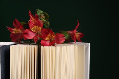 Photo of Book and beautiful alstroemeria flowers on black background, closeup