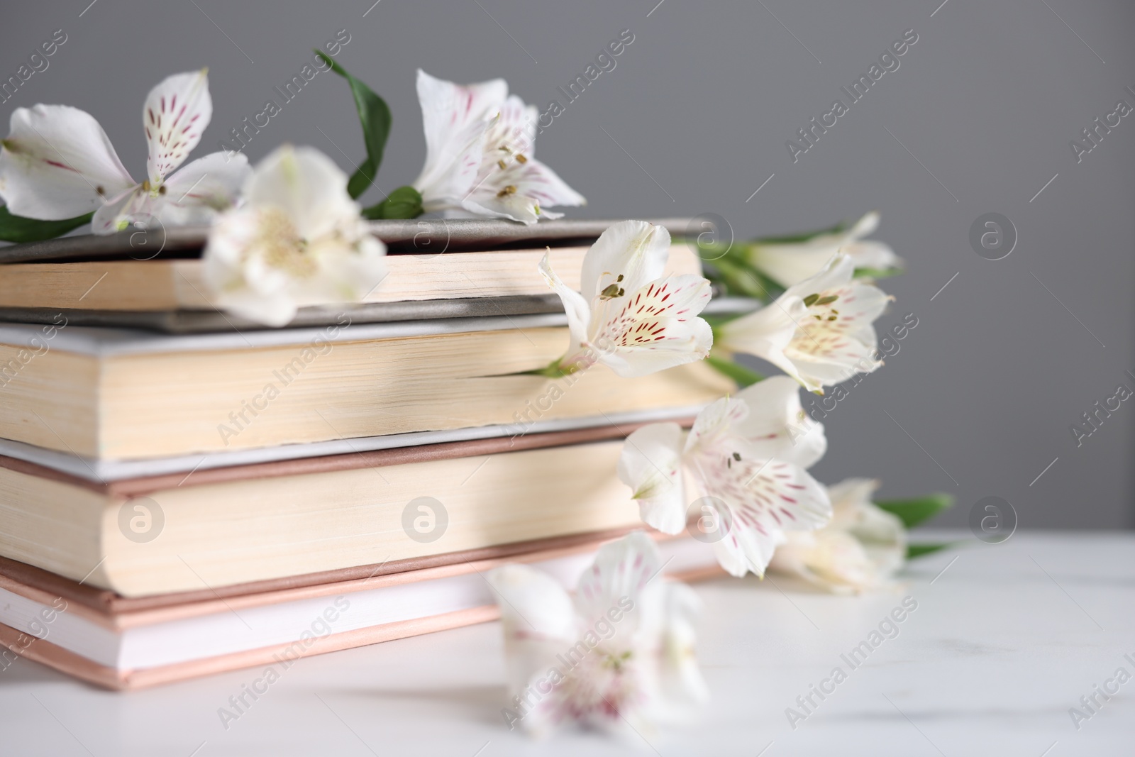 Photo of Books and beautiful alstroemeria flowers on white marble table against gray background, closeup