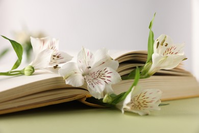 Photo of Book and beautiful alstroemeria flowers on green table against light background, closeup