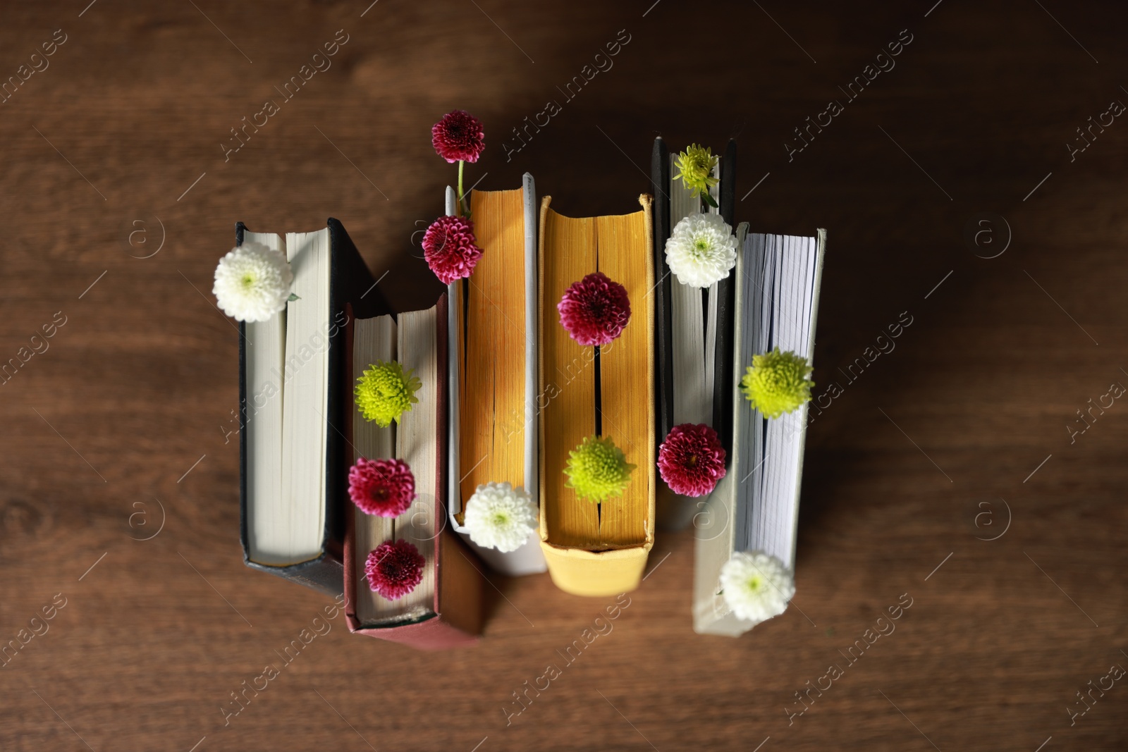 Photo of Different books with beautiful flowers on wooden table, above view