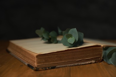 Photo of Open book with beautiful eucalyptus branches on wooden table against black background, closeup