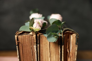 Photo of Books with beautiful flowers and eucalyptus branches on blurred background, closeup