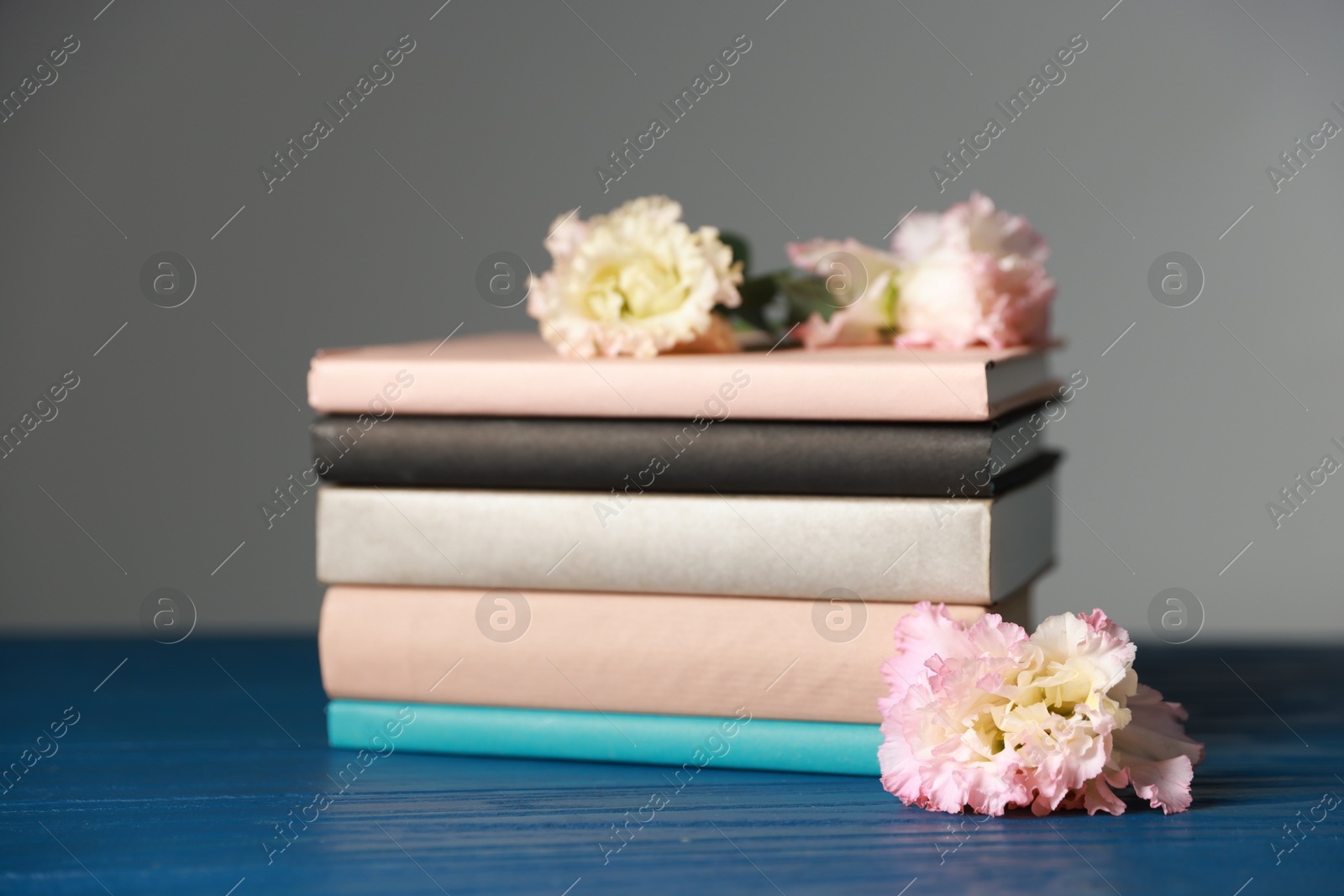 Photo of Stack of books and beautiful flowers on blue wooden table against grey background, closeup