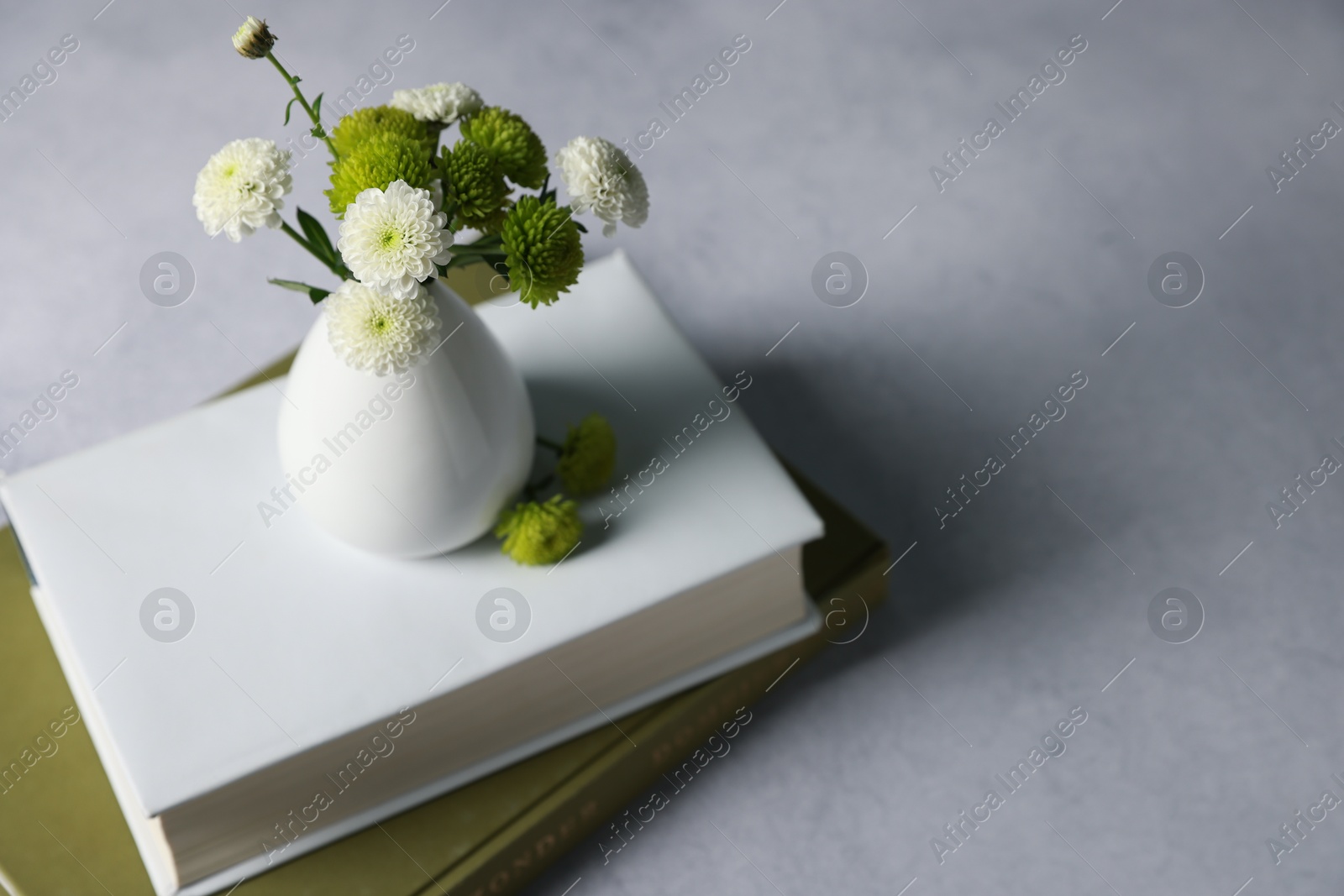 Photo of Books and vase with beautiful flowers on grey table, closeup. Space for text