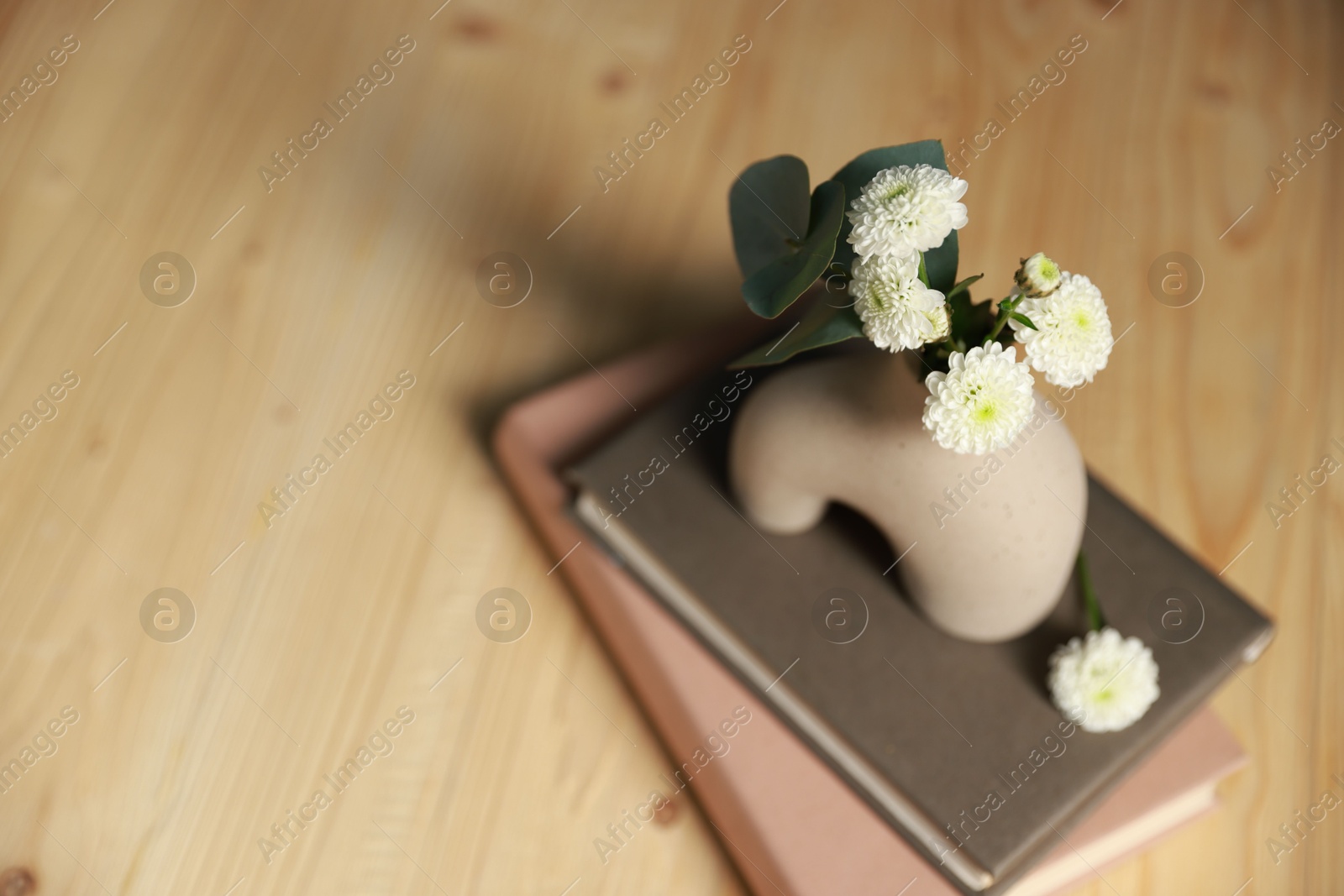 Photo of Books and decorative vase with beautiful flowers and eucalyptus branches on wooden table, closeup. Space for text