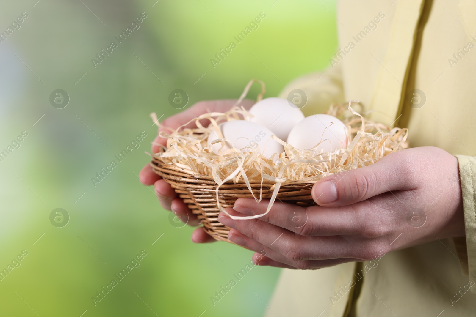 Photo of Woman with basket of raw eggs on blurred background, closeup. Space for text