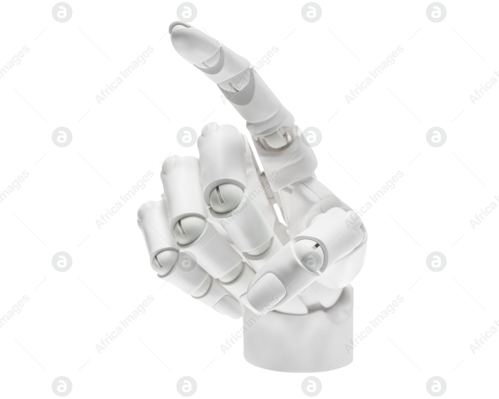 Photo of Artificial intelligence. Robot hand pointing at something on white background