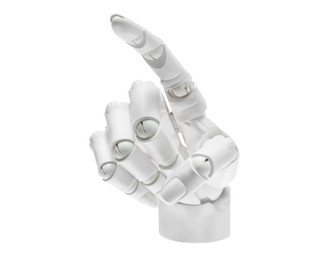 Photo of Artificial intelligence. Robot hand pointing at something on white background