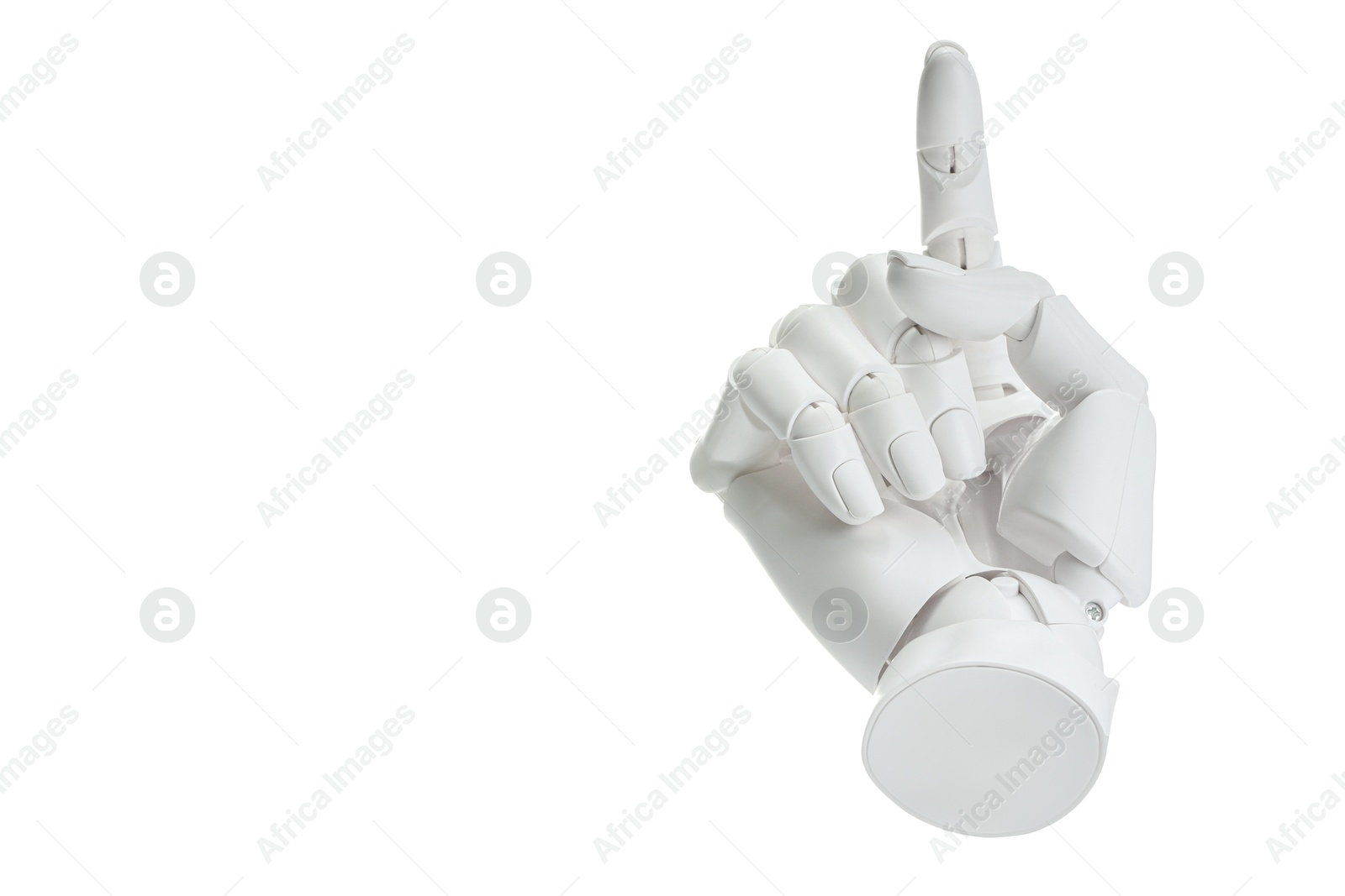 Photo of Artificial intelligence. Robot hand pointing at something on white background