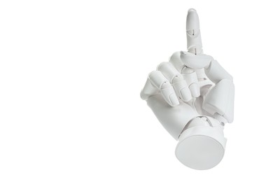 Photo of Artificial intelligence. Robot hand pointing at something on white background