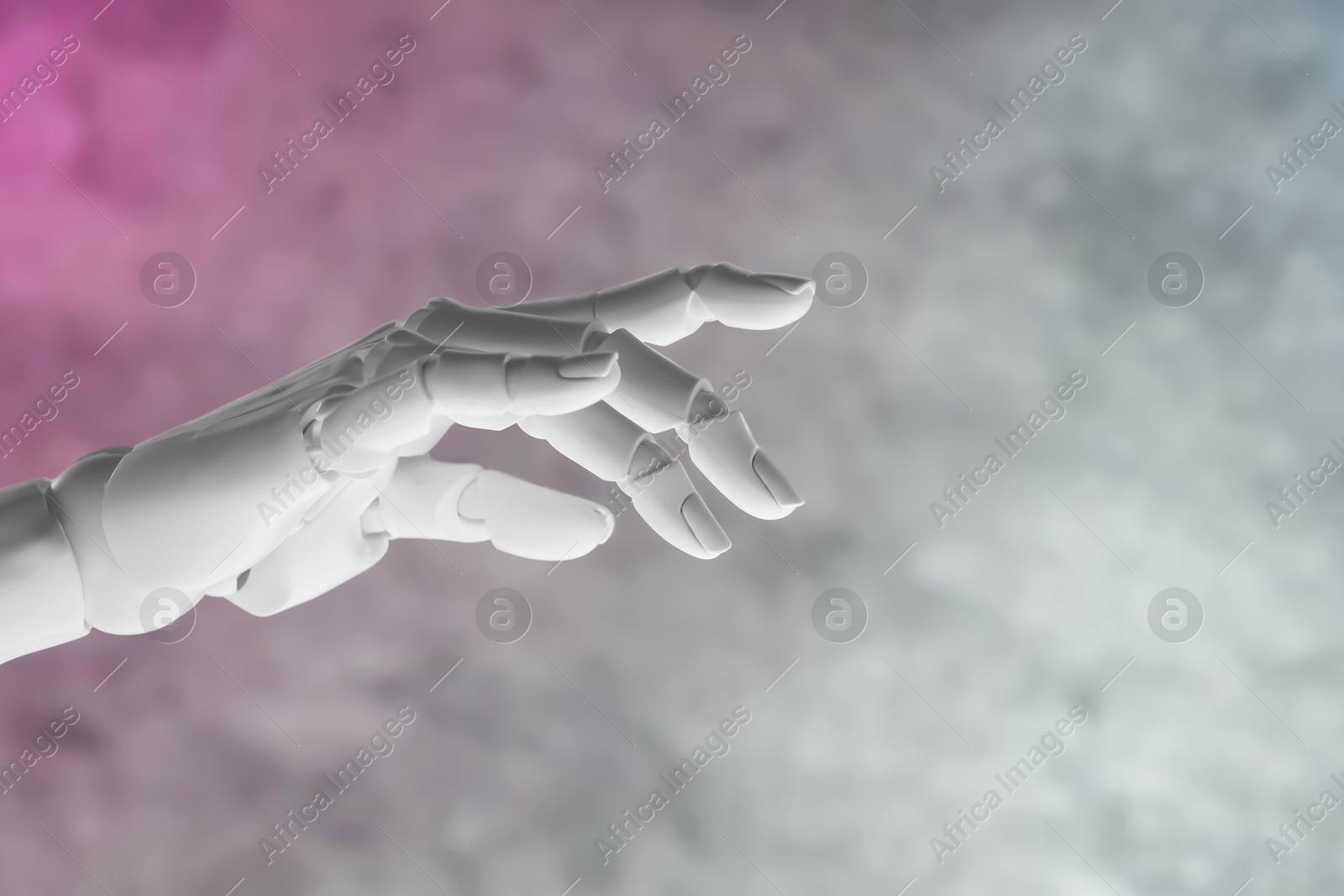 Photo of Artificial intelligence. Robot hand gesturing on grey blurred background, space for text