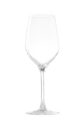 Photo of One empty wine glass isolated on white