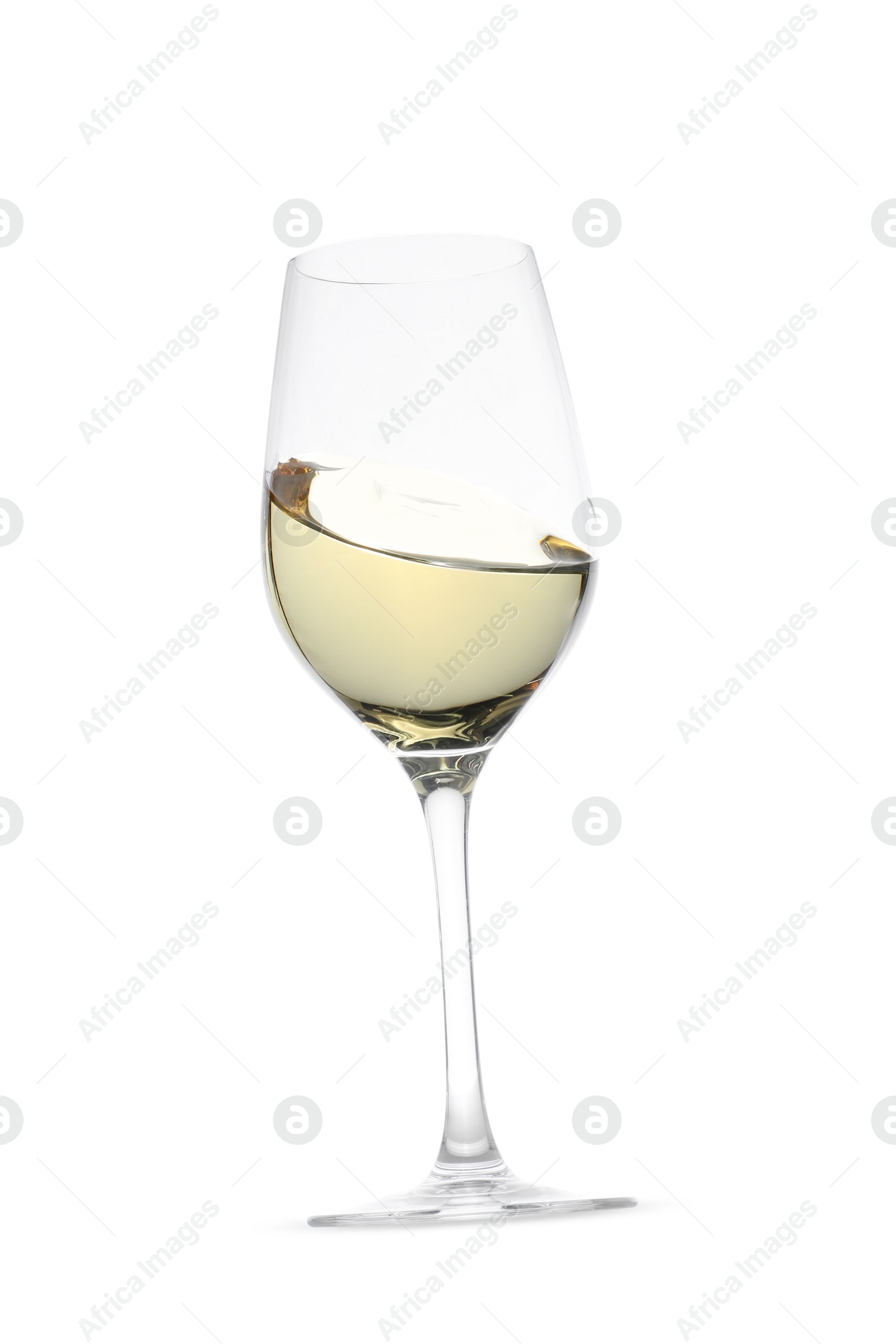 Photo of Tasty wine splashing in glass on white background