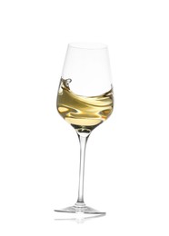 Photo of Tasty wine splashing in glass on white background