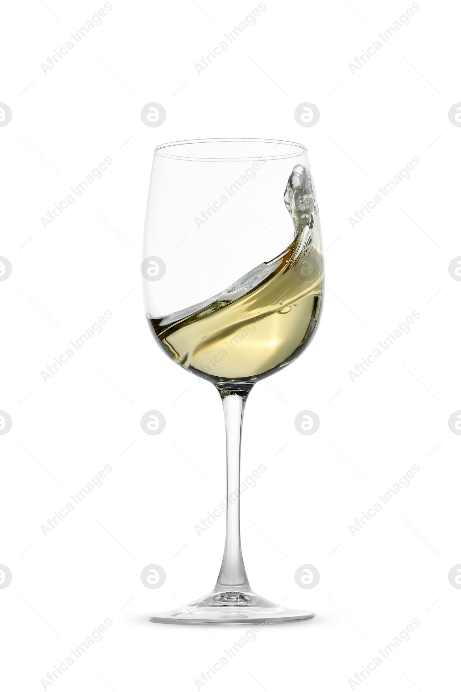 Photo of Tasty wine splashing in glass on white background