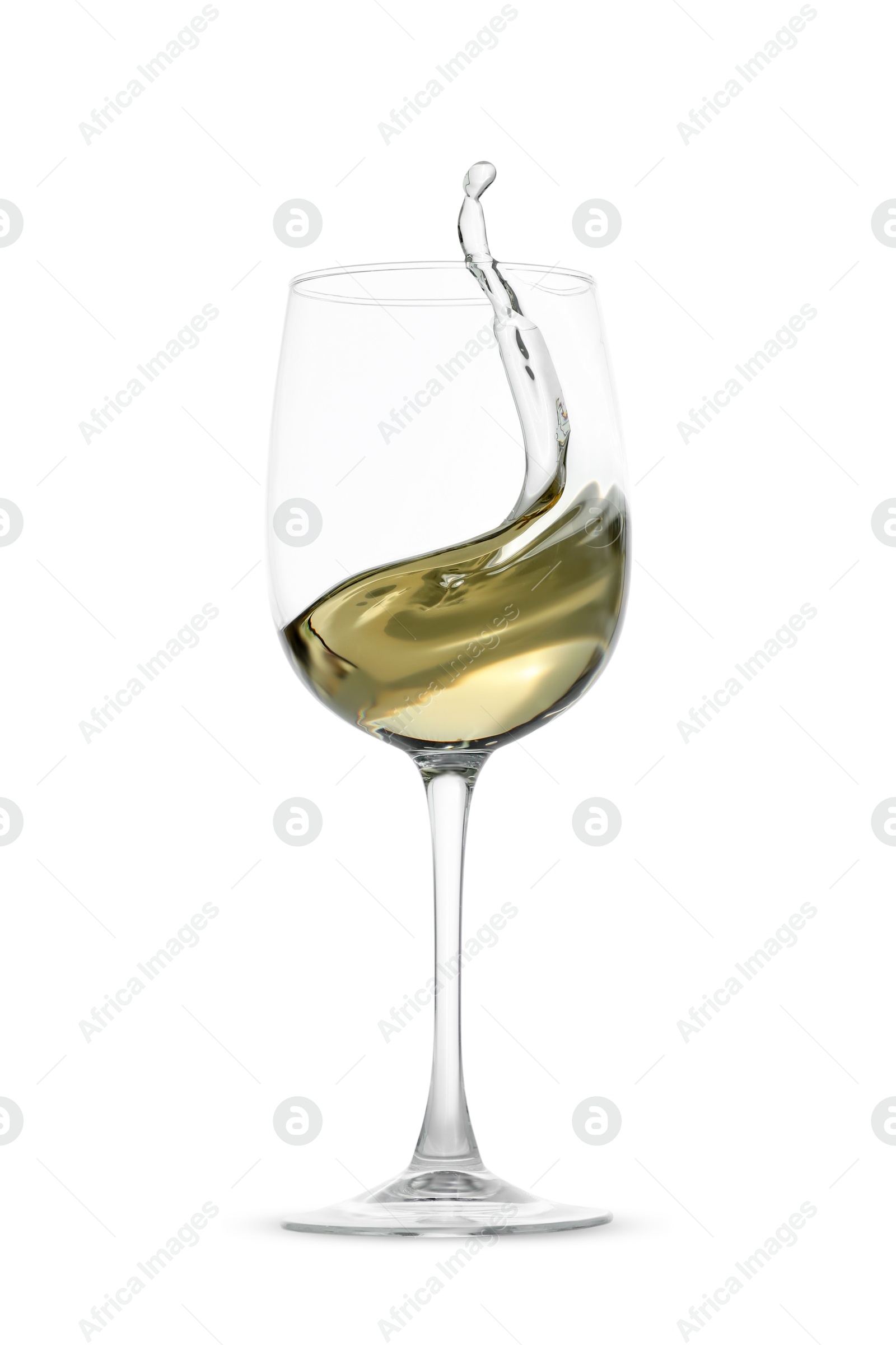 Photo of Tasty wine splashing in glass on white background