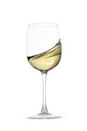 Photo of Tasty wine splashing in glass on white background