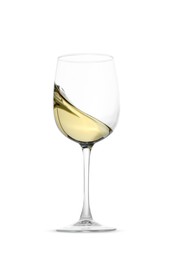 Photo of Tasty wine splashing in glass on white background