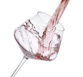 Photo of Pouring rose wine into glass isolated on white