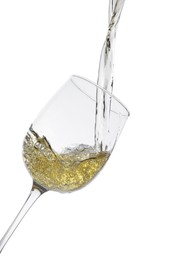 Photo of Pouring wine into glass on white background